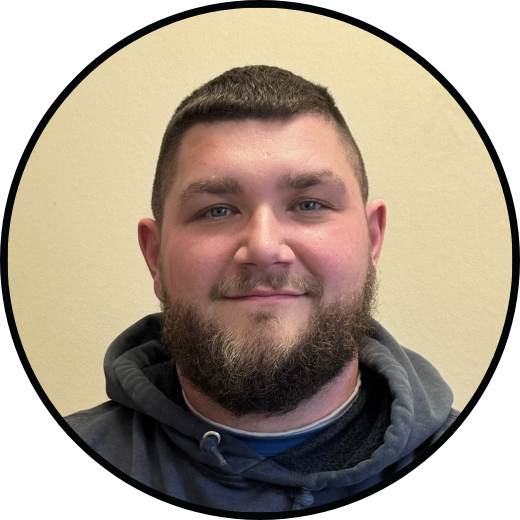 Circular framed portrait of Brent Layne, Fitter/Welder at Huntington Steel.