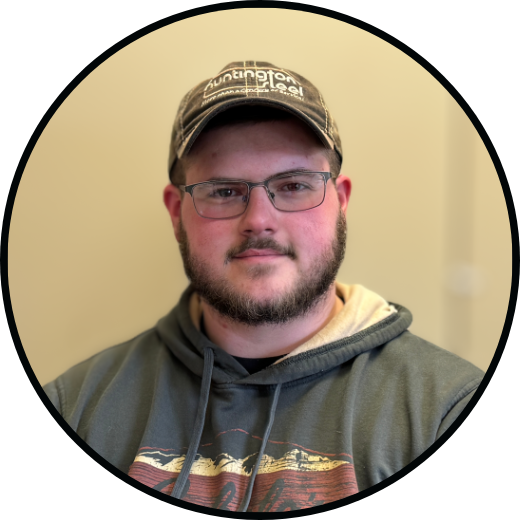 Circular framed portrait of Brent Layne, Fitter/Welder at Huntington Steel.
