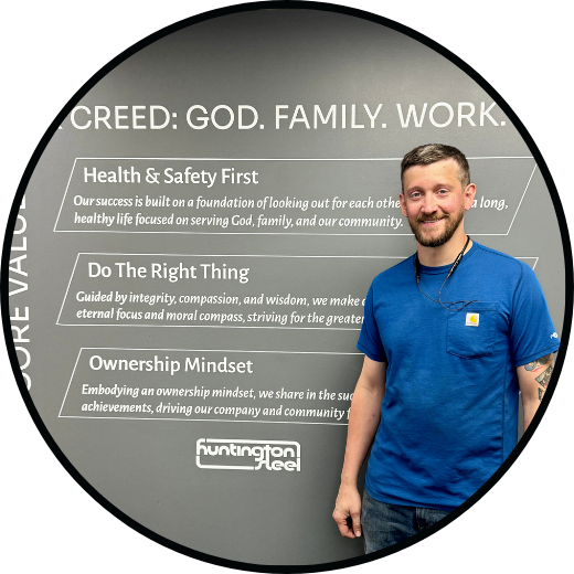 Circular framed portrait of Brent Layne, Fitter/Welder at Huntington Steel.